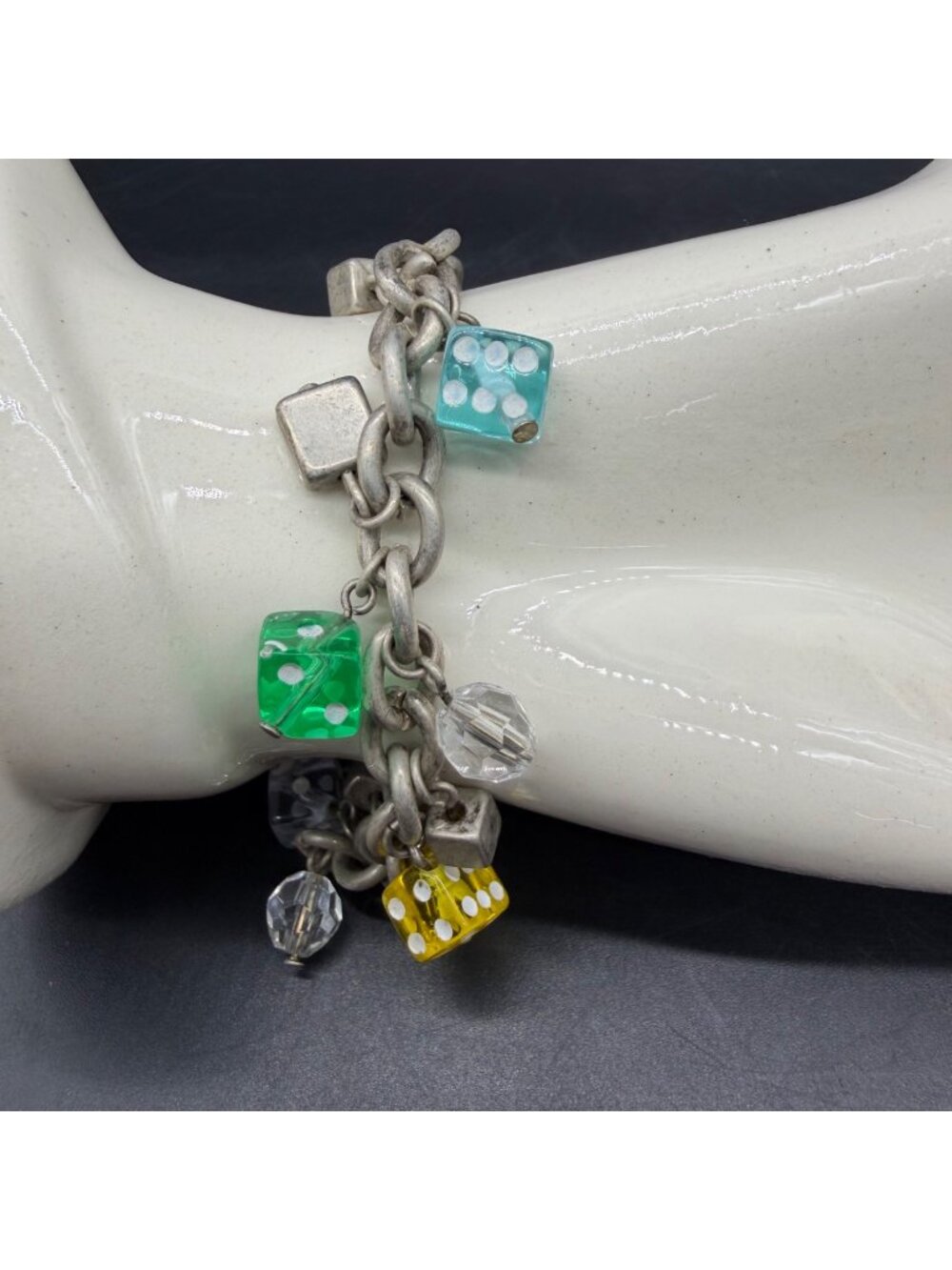 Vintage Dice Charm Bracelet Mid Century Kitschy Jewelry Retro Silver Tone Toggle